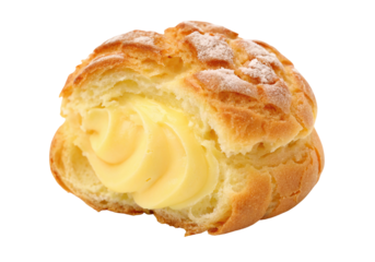 Delicious custard cream puff dessert with powdered sugar on top for sweet tooth satisfaction