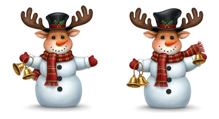 Cute Snowman Christmas Decoration with Reindeer Antlers and Festive Scarf in White Background
