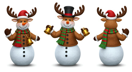 Festive Snowmen Decorations with Reindeer Antlers and Santa Hats in Christmas Scene