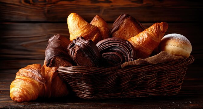Assorted pastries in a basket on a wooden surface