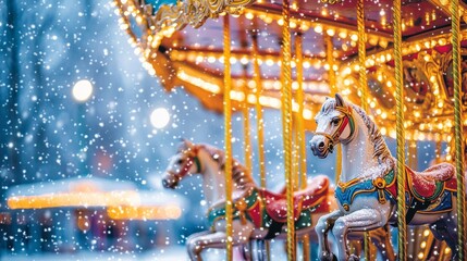 Festive Winter Carousel with Glowing Horses and Falling Snow at night