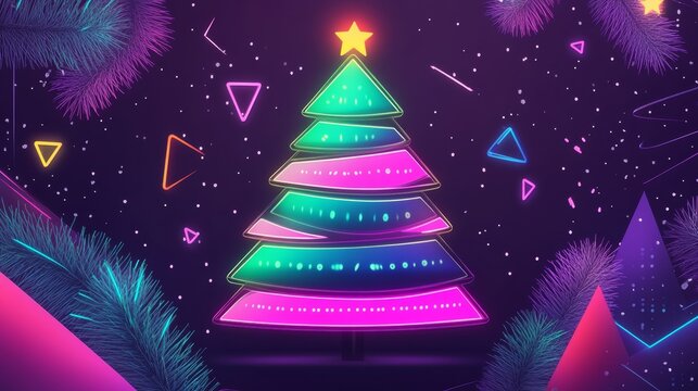 Neon Christmas Tree background in 80s Retro Minimalist Style with copy space