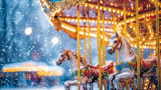 Festive Winter Carousel with Glowing Horses and Falling Snow at night - Powered by Adobe