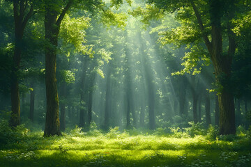 Obraz premium Sunbeams piercing through the canopy of a lush, green forest, il