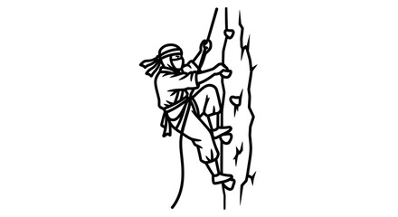 Line Art Illustration of Person Rock Climbing with Rope and Headband.