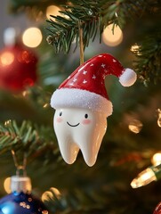 Christmas Ornament in Shape of Tooth ear Santa hat and smile Hanging on Tree &ndash; Dental Holiday Decoration Concept