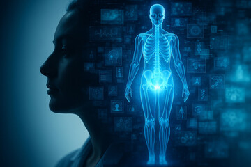AI generated futuristic medical illustration showing human profile merged with glowing 3D holographic body and digital data interface symbolizing advanced healthcare technology