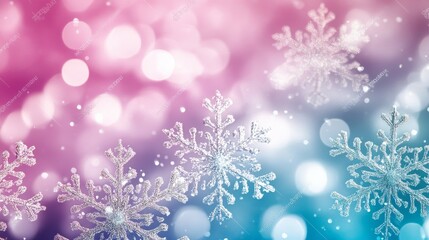 Abstract background with snowflakes on bright, colorful background in shades of pink, purple, and teal.