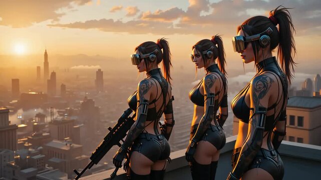 Two futuristic cyberpunk women in black tactical outfits with weapons walking at sunset city skyline. Concept of female warriors and sci fi action