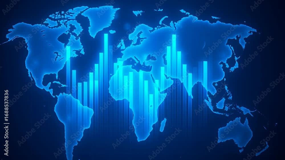 Poster global financial market data visualization analyzing trends with blue world map and dynamic graphs a