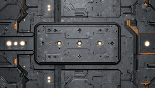 Dark grey metal panel with glowing lights, intricate circuitry