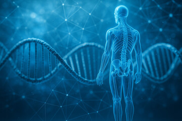 AI generated ultra realistic digital art showing transparent human body skeleton with glowing DNA strand and molecular network symbolizing futuristic genetics and medical science