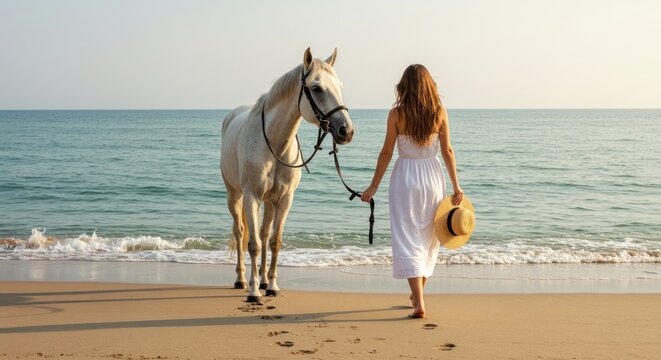 Woman and horse on beach at sunrise