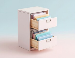 A pastel pink filing cabinet with two open drawers filled with colorful files, set against a gradient blue and pink background.