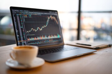 Young professional analyzing financial charts on a laptop, coffee cup and notebook on desk, modern office background, focused and motivated, realistic photography