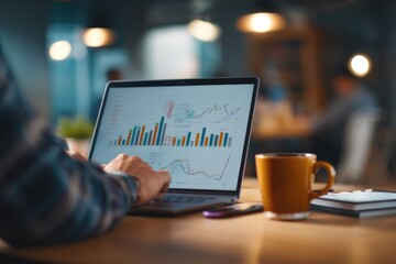 Young professional analyzing financial charts on a laptop, coffee cup and notebook on desk, modern office background, focused and motivated, realistic photography