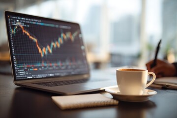 Young professional analyzing financial charts on a laptop, coffee cup and notebook on desk, modern office background, focused and motivated, realistic photography