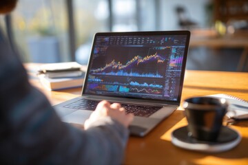 Young professional analyzing financial charts on a laptop, coffee cup and notebook on desk, modern office background, focused and motivated, realistic photography