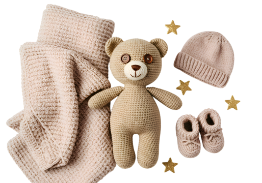 Baby Shower Gift Set: Plush Bear, Blanket, Hat & Booties on white background