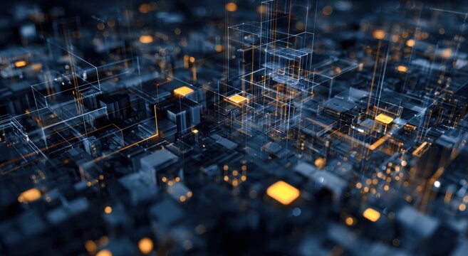 Abstract digital cityscape, intricate network of interconnected blocks and lines