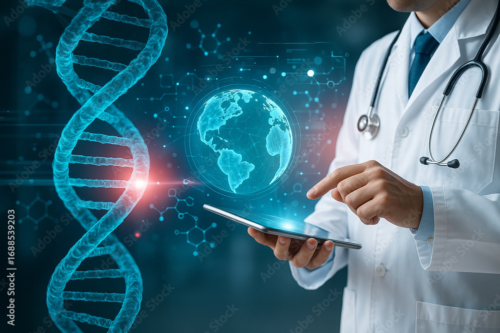 Aufkleber ai generated futuristic concept of doctor using tablet with glowing dna helix molecular graphics and