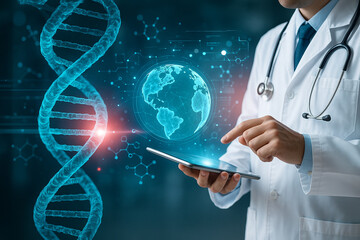 AI generated futuristic concept of doctor using tablet with glowing dna helix molecular graphics and digital data symbolizing genomics bioinformatics precision medicine and healthcare innovation