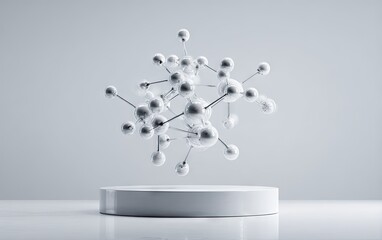 A levitating, metallic, spherical molecular structure, composed of numerous interconnected nodes, rests atop a minimalist white cylindrical platform against a neutral backdrop