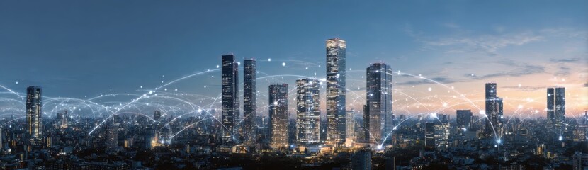 Fototapeta premium Skyline cityscape at twilight with interconnected digital network