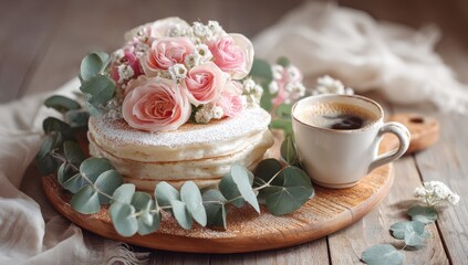 A stack of pancakes topped with flowers, next to a cup of coffee