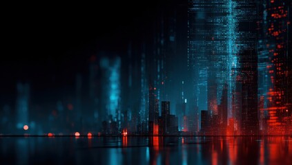 Futuristic city skyline, vibrant digital overlay