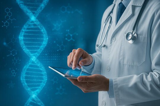 AI generated futuristic medical scene of doctor using tablet with glowing DNA helix and molecular graphics symbolizing digital healthcare genomics biotechnology and precision medicine