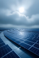 Vast solar farm captures sun's energy under dramatic cloudy sky