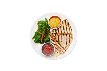 Chicken Quesadilla – Mexican Food Served on White Plate with Greens and Sauces