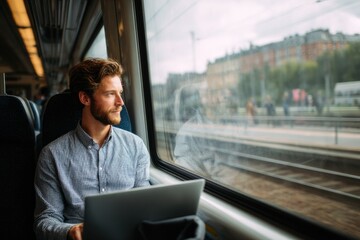 Young professional sitting in a moving train or bus, working on laptop, city view through window