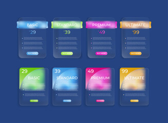 Set of Price Chart Table Plan Templates — Modern Trendy Gradient Glassmorphism Vector Design with Basic, Standard, Premium, and Ultimate Tier Levels