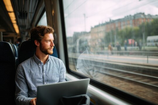 Young professional sitting in a moving train or bus, working on laptop, city view through window