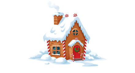 Cute Snow Covered Gingerbread House with Candy Cane Details in Winter Scene