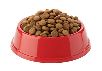 Dog food pellets in a red bowl isolated on white background, pet nutrition concept for wellness