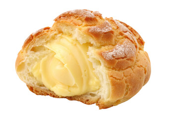 Closeup of a delectable cream puff with a rich custard filling and golden flaky pastry exterior