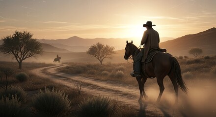A lone cowboy on horseback journeys through a breathtaking, dusty desert landscape as the golden sun rises, illuminating the winding trail and distant hills