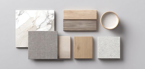 Natural tones of marble, beech wood, and granite in balanced flat lay style