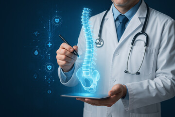AI generated doctor interacting with a glowing digital spine hologram surrounded by medical data icons symbolizing innovation precision and advanced healthcare technology