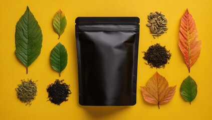 Black pouch surrounded by tea leaves and herbs on a yellow background.