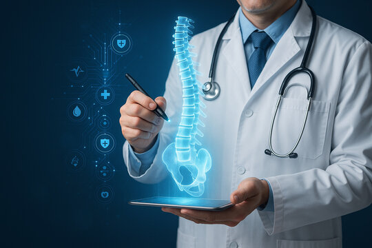 AI generated doctor interacting with a glowing digital spine hologram surrounded by medical data icons symbolizing innovation precision and advanced healthcare technology