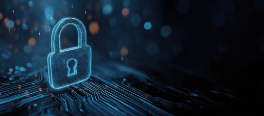 Digital lock icon on a circuit board background.  Abstract, glowing,  blue lock graphic sits atop a dark circuit board.  Soft, out-of-focus bokeh lights surround the lock