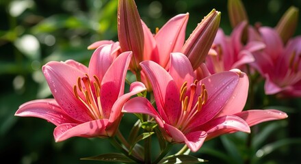 Dew-Kissed Pink Lilies Bask in Sunlight