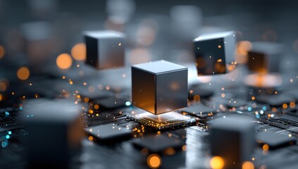 Abstract digital circuit board with floating cubes.  Dark gray cubes hover over a complex circuit board, illuminated by glowing orange light