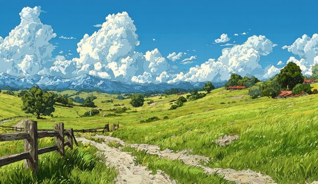 Lush, sunny valley with a dirt road, mountains and clouds