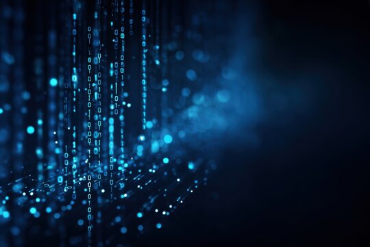 Abstract digital binary code streams cascading down, against a dark background of glowing particles
