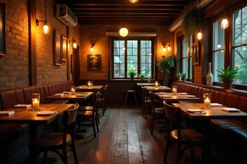 Cozy and intimate dining space, dimly lit with rustic wooden tables and chairs, creating a warm and inviting atmosphere perfect for a romantic dinner or casual meal ,  rustic,  candlelight